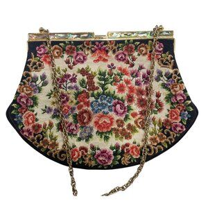 Vintage Floral Needlepoint Handbag With Gold Chain & Abalone Shell Clasp